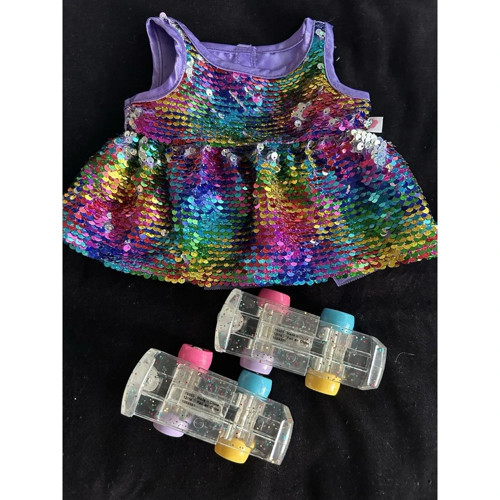 Lot Of 2 Build A Bear Outfits Denim Skirt/Shirt‎ & Sparkle Dress Roller Skates